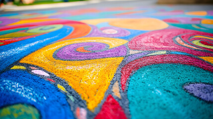 A vibrant chalk drawing on a sidewalk filled with colorful designs.
