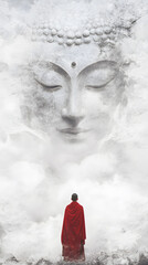 A serene scene where a monk in a vivid red robe stands with their back to the viewer, gazing up at a colossal, ethereal Buddha face that seems to form out of mist and smoke