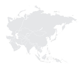 Illustration of a Colored map of Asia.Asia map on white background. East Asia template with continents.Grey blank Asia map.vector grey isolated on white background. Flat Earth, Globe world map icon.