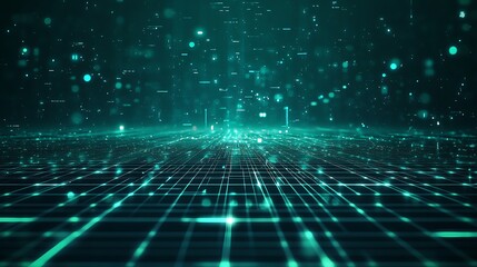 A futuristic digital landscape featuring glowing particles and a grid pattern, illustrating technology and innovation.