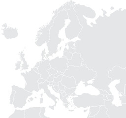 Illustration of a Colored map of Europe.Europe map on white background. Europe template with continents, North and South America, Europe and Asia, Africa and Australia.Grey blank Europe map.