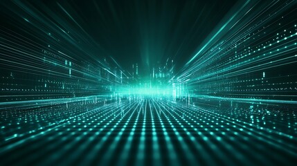 A futuristic digital landscape featuring vibrant green lines and dots, representing speed and technology in a virtual space.
