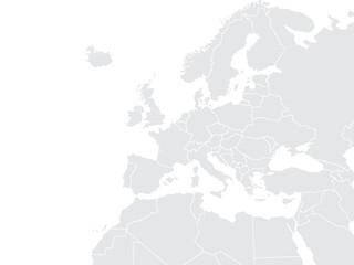 Illustration of a Colored map of Europe.Europe map on white background. Europe template with continents, North and South America, Europe and Asia, Africa and Australia.Grey blank Europe map.