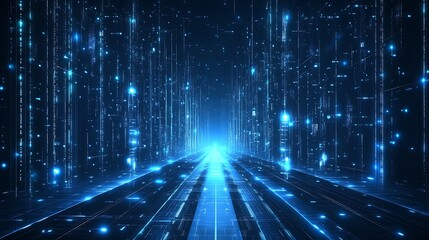A futuristic digital landscape illuminated by blue lights, creating an illusion of depth and technology in a cybernetic environment.