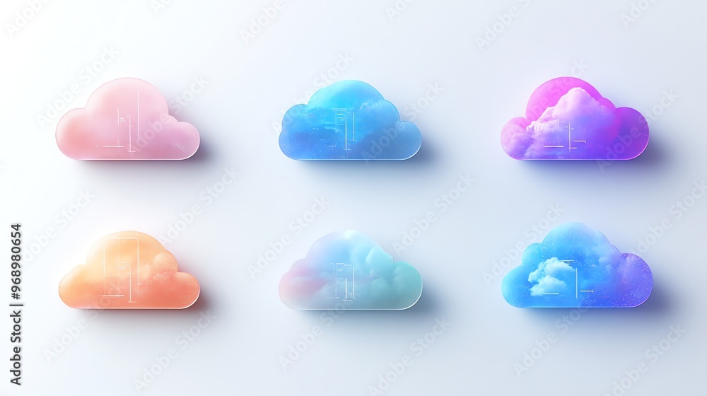 Poster a 3d rendering of cloud icons in different colors.