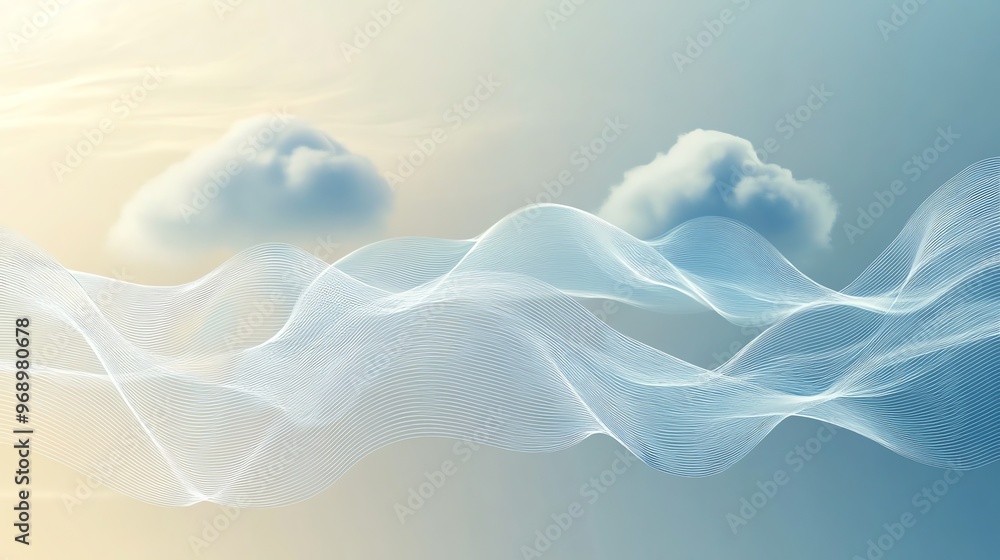Poster an abstract background with white, wavy lines and clouds in a blue and yellow gradient.