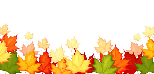 Autumn background with maple leaves in cartoon style. Vector illustration of maple leaves of different colors: yellow, green, orange, red isolated on a white background. Autumn wallpaper. Banner.
