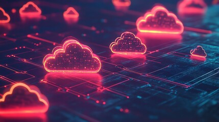 A digital illustration of cloud icons over a circuit board.