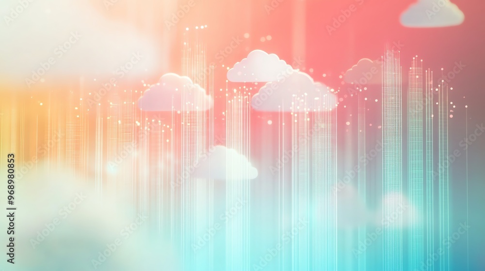 Poster a digital background with clouds and lines of code in a pink and blue gradient.