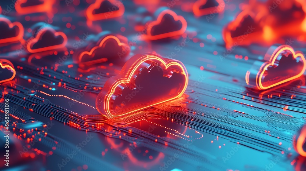 Poster a 3d rendering of a cloud icon with a glowing red outline.