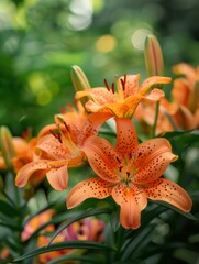 A close-up of vibrant orange lilies in a lush green environment, showcasing their beauty and intricate details. © desi