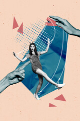Vertical photo collage of astonished girl tied rope marionette control abuse hostage puppet hands...