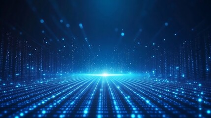 Obraz premium A futuristic digital landscape with glowing blue lights and a vibrant atmosphere, ideal for technology and innovation themes.