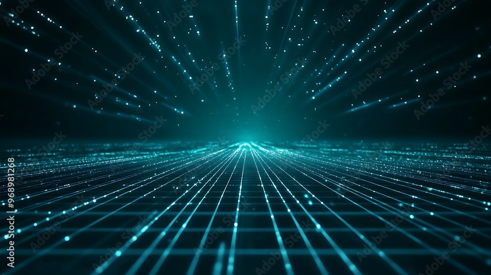 Poster a futuristic digital landscape with glowing grid lines and particles creating depth and motion in a 