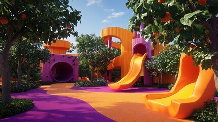 Orange and Purple Playground with Slides and Trees
