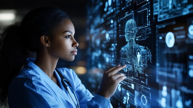 Female Doctor Analyzing Futuristic 3D Medical Interface with Patient Data in Hospital Setting. - Powered by Adobe