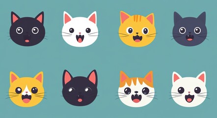 Obraz premium Colorful Cartoon Cats with Playful Expressions in a Fun Lineup