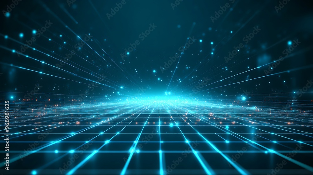 Poster a futuristic digital landscape with glowing lines and particles creating a grid and depth effect in 