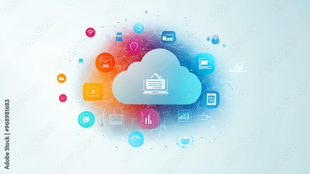 Poster cloud computing concept with cloud icon and various other icons on a blue and white background.