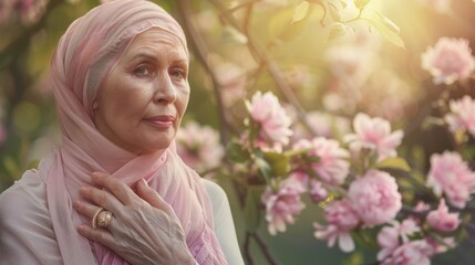 Fototapeta premium A woman in a pink scarf stands gracefully among blooming flowers during a serene sunset in spring