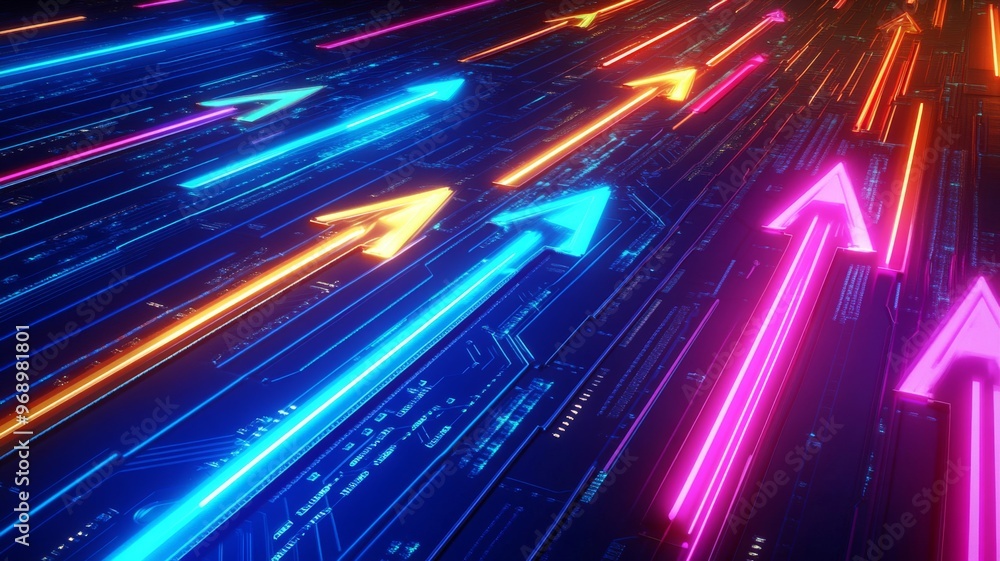 Poster neon arrows moving forward on digital circuit background. futuristic technology and innovation conce