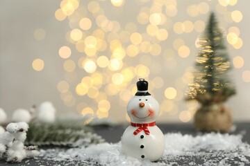Funny snowman figure and artificial snow on table against blurred lights