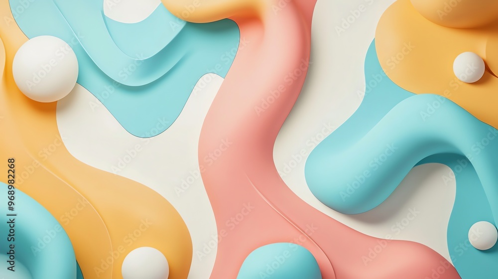 Poster a colorful abstract background with curved shapes and spheres.