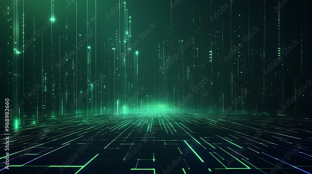Poster a futuristic landscape with glowing green lines representing digital data flow in a virtual environm