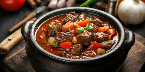 Delicious Beef Stew in Rustic Cooking Bowl