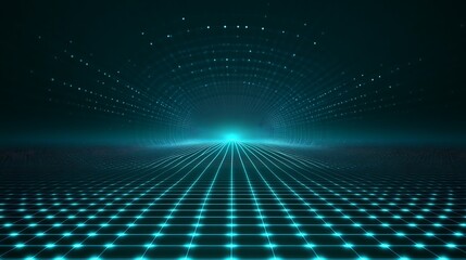 A futuristic landscape with glowing grids and abstract lights, creating a sense of depth and technological wonder.
