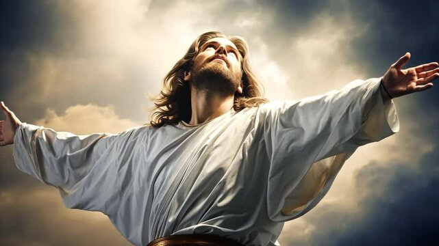 Jesus Christ, Son of God, animation of him opening his healing arms as the sky opens and light pours down from Heaven above