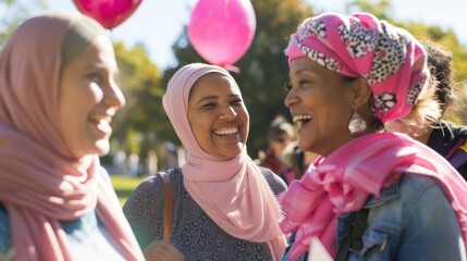 Women of all ages wear pink scarves for a breast cancer awareness walk in a sunny park