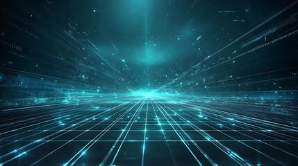 A futuristic perspective on a digital landscape with glowing lines and particles, perfect for technology and innovation themes.