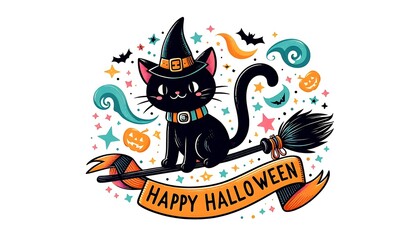 Banner featuring a cat flying on a broomstick, waving and wishing "Happy Halloween." The playful scene combines festive Halloween elements with a touch of whimsy.Generative AI

