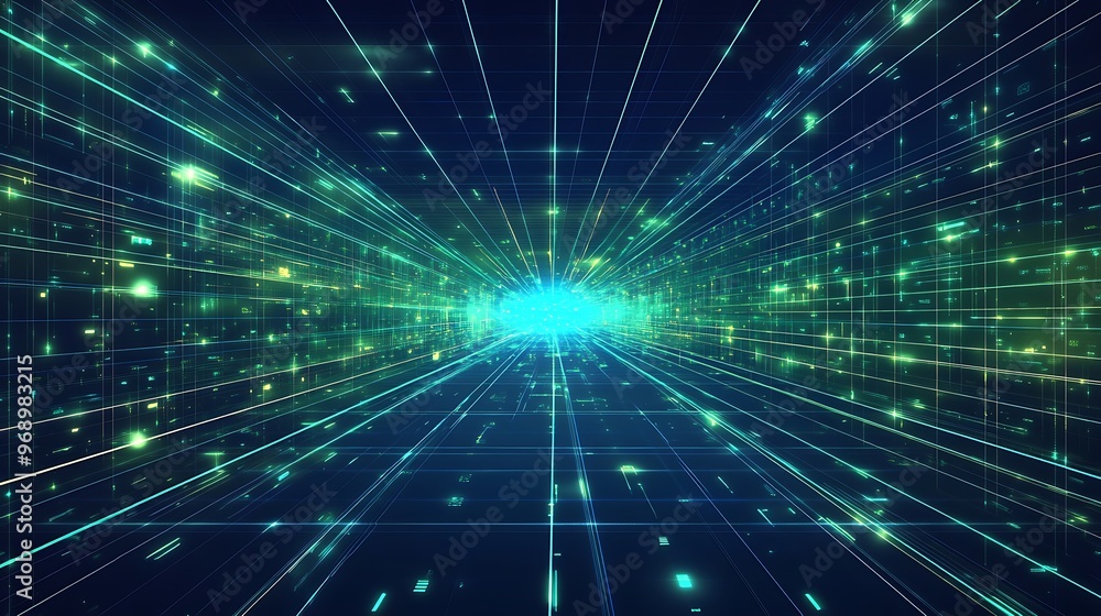 Poster A mesmerizing abstract background featuring glowing particles and lines that create a sense of depth and motion in a digital universe.