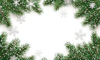 Fir Tree Frame Border with Snow Falling on White Background, Vector Illustration for Christmas and New Year Card