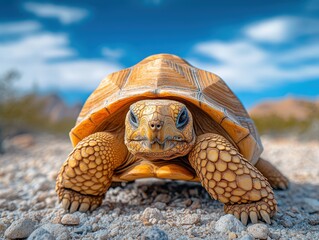 Close-up of a brown desert tortoise on rocky terrain with blurred landscape background under a blue sky with white clouds.