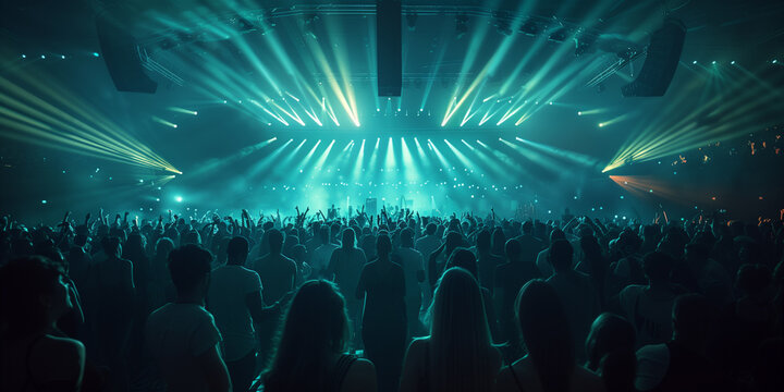 People dance in club spotlight laser lights with hands up in cinematic photography style. People crowd dancing at techno, rave or electronic music club