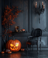 Obraz premium Aesthetic room interior design with Halloween elements. Wall with decoration in the apartment. Holiday pumpkins in the room.