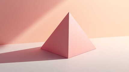 Minimalistic design with a single pink tetrahedron casting a shadow on a light background