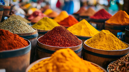 A vibrant street market stall filled with spices in various colors.