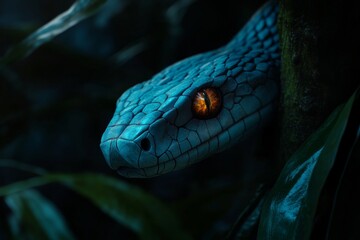 Fototapeta premium Featuring snake fangs glinting in the darkness, adding mystery and danger to a deep, shadowy forest