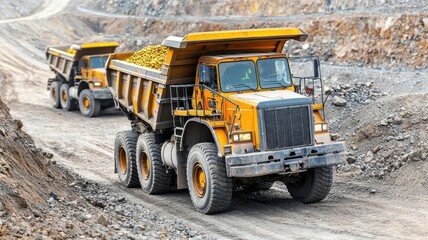 Obraz premium Heavy-duty trucks hauling gold ore from an open-pit mine, Gold mining, industrial extraction, heavy machinery