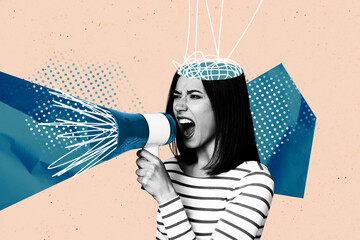 Composite photo collage of angry girl scream megaphone cut head thoughts demonstration concept...
