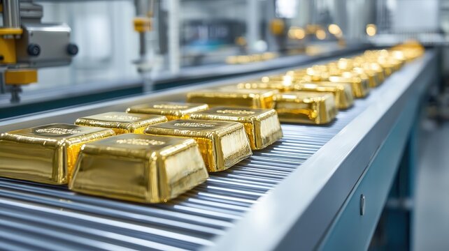 Large-scale industrial refinery with gold bars on conveyor belts, Gold refinery, production line, precious metals