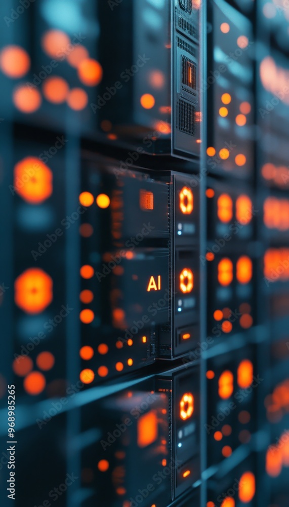 Poster servers glowing with warm light in a modern data center. cloud computing and ai concept.