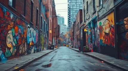 Fototapeta premium A narrow, graffiti-covered alleyway in a city.