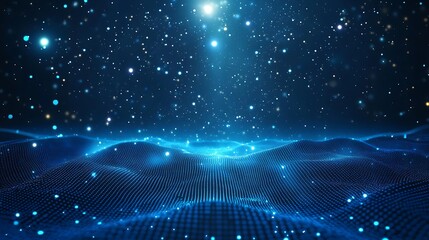 A mesmerizing blue digital landscape with shimmering stars and glowing waves, perfect for tech and science fiction themes.