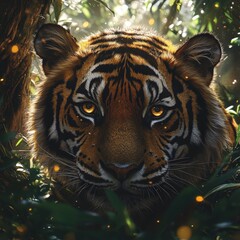 Obraz premium Close-up of a majestic tiger in its natural habitat surrounded by dense foliage, capturing its intense gaze and intricate stripes.