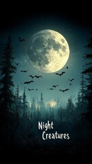 Night Creatures: Bat Silhouettes Against Full Moon in Dark Forest